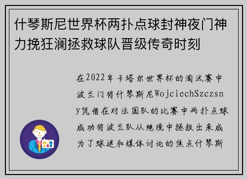 什琴斯尼世界杯两扑点球封神夜门神力挽狂澜拯救球队晋级传奇时刻